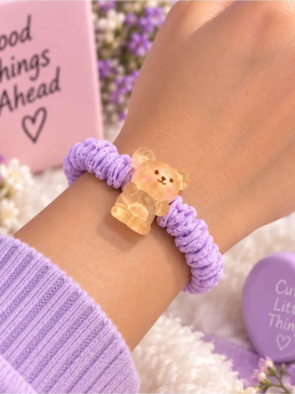 Kids Lavender Bear Charm Hair Tie - Cute Stretch Scrunchie